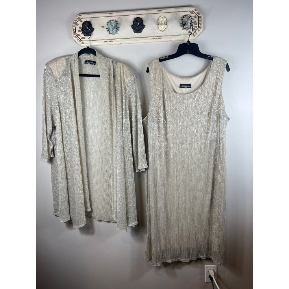 R&M Richards Formal Dress Midi w/ Jacket Cream Gold Metallic Threads 2X